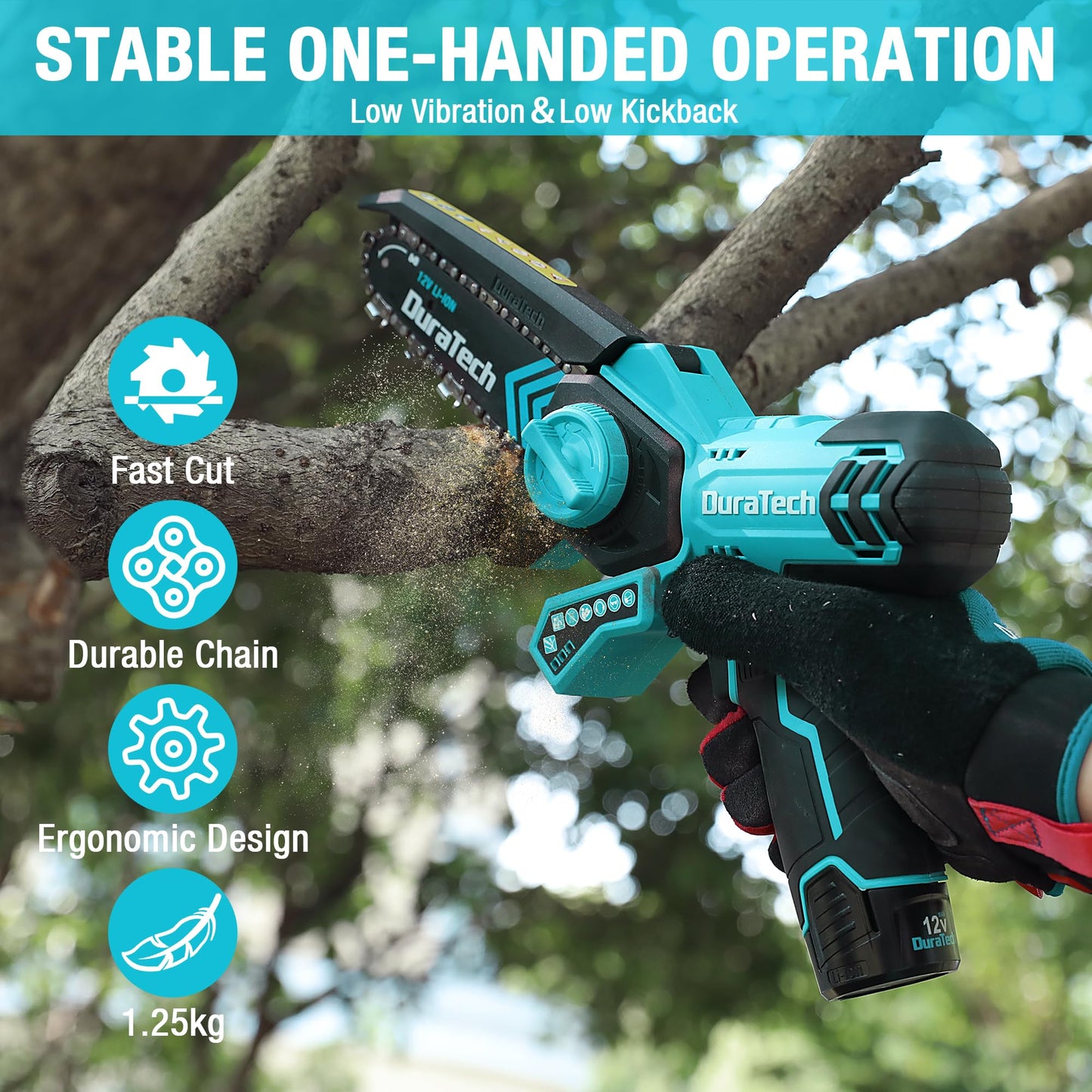 DURATECH 12V Mini Chainsaw, 6 Inch Electric Cordless Chainsaw with 2 Batteries & 2 Chains, One-Hand Operated Portable Wood Saw for Garden Tree Branch Pruning, Wood Cutting