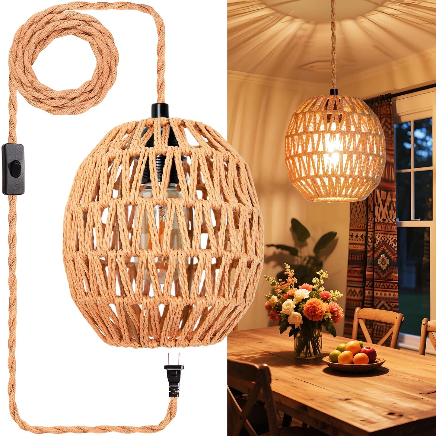 Maliralt Hanging Lamps Rattan Pendant Light Hanging Lights 16.4ft Plug in Cord Pendant Light Fixture Plug Into Wall Outlet Pendant Lighting with On Off Switch for Bedroom Living (Egg Shade)