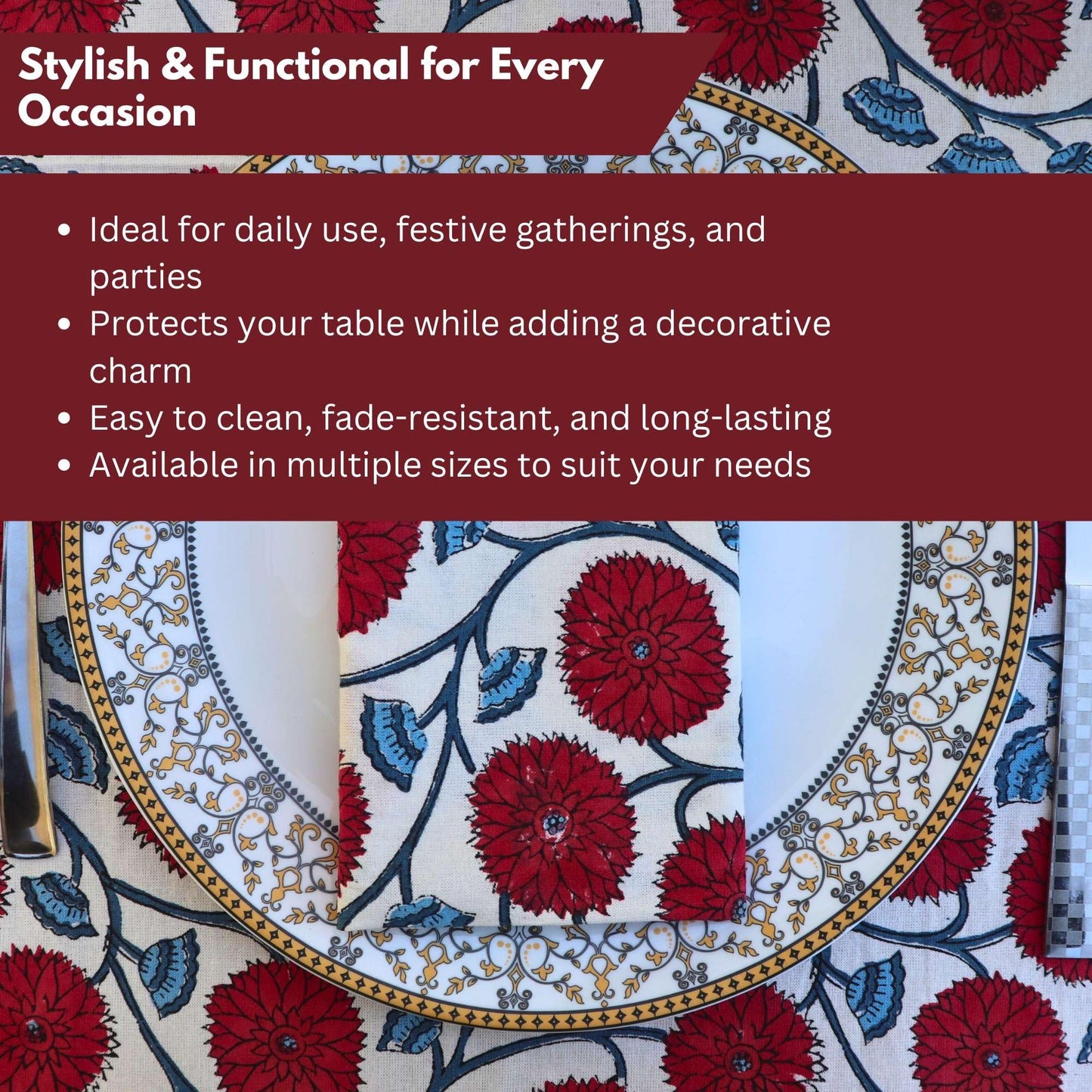 HANDICRAFT HANDLOOM Handblock Print Cotton Tablecloth – 60x90 Rectangle Table Cover Seats 6 – Indian Block Printed Floral Dining Table Linen – Boho Washable Cloth for Kitchen, Party, Outdoor (White)
