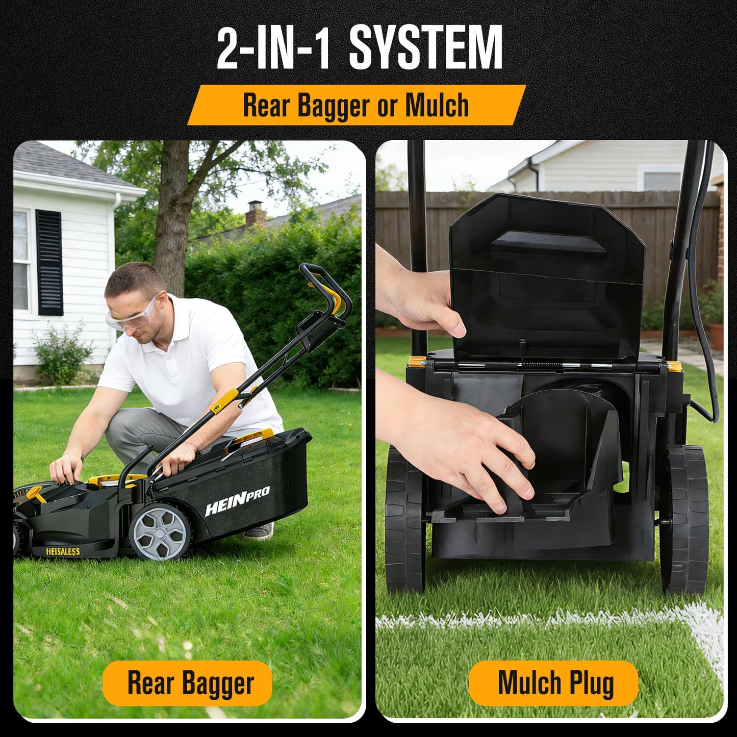HEINPRO 14" Cordless Lawn Mower Compatible with Dewalt 20V MAX Battery, 2-in-1 Brushless Electric Lawn Mower for Small Yards, Push Mowers with 5-Position Height Adjustment, Black (Tool Only)
