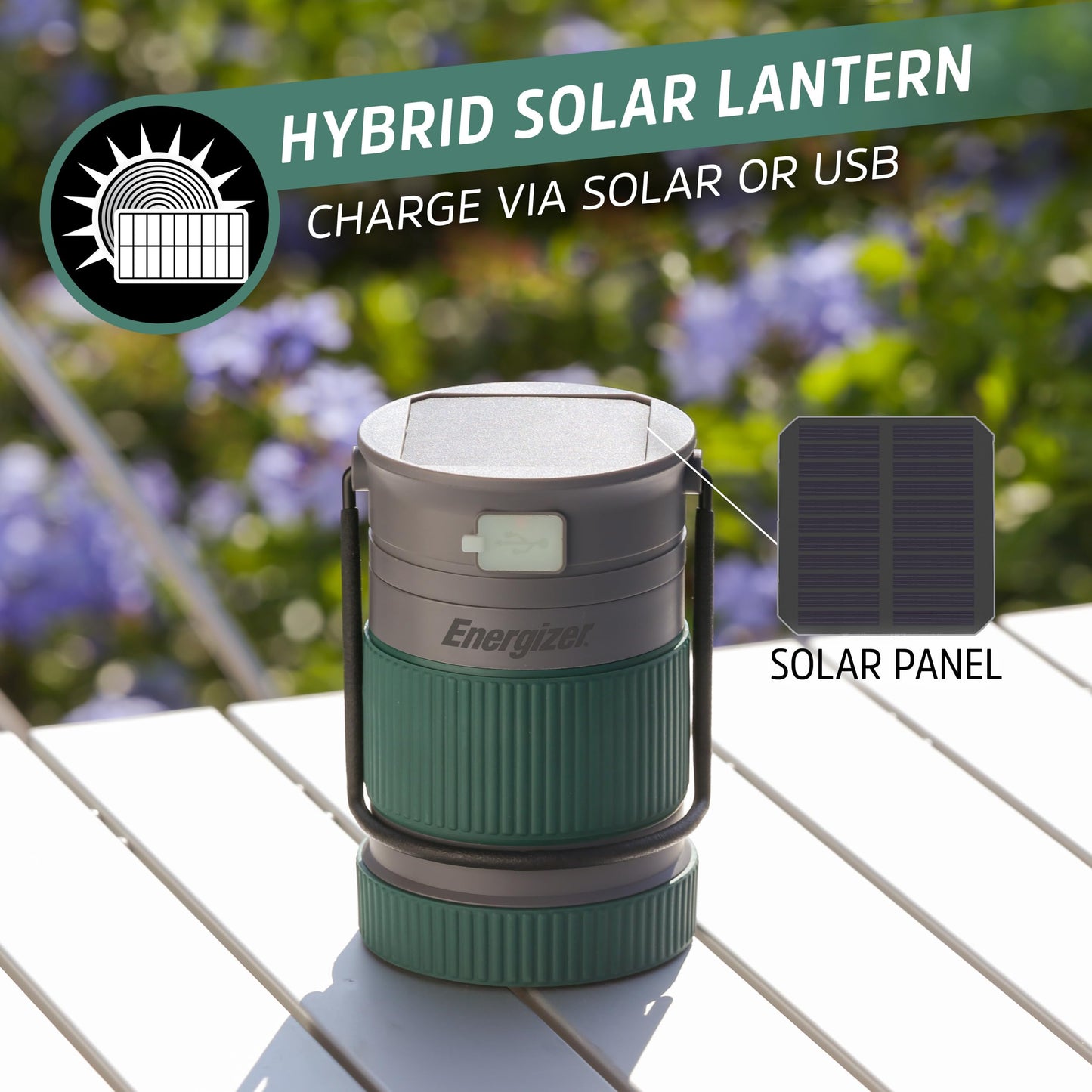 Energizer S-500 Hybrid Power Camping Lantern, Solar, Rechargeable, or AA Battery Powered, IPX4 Water Resistant Bright LED Lantern