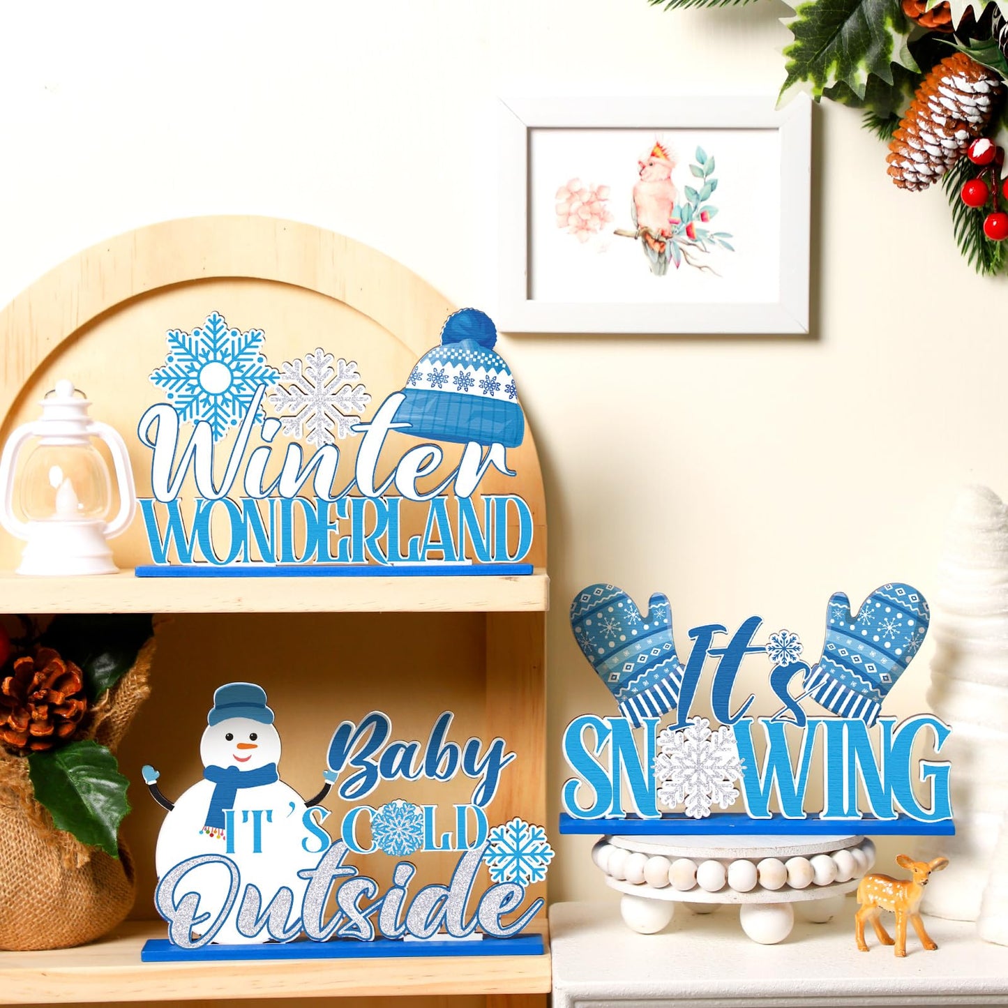 Suzile 6 Pcs Winter Wooden Table Decorations Snowflake Snowman Wooden Centerpieces for Party Winter It's Snowing Theme Christmas Birthday Party Baby Is Cold Outside Supplies
