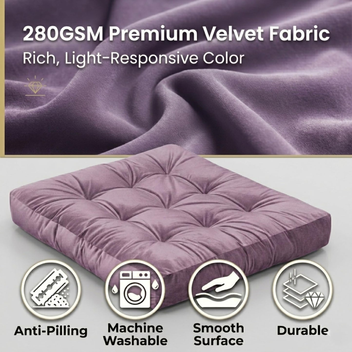 Meditation Cushion Set of 2, Floor Cushions for Adults, Velvet Floor Pillows for Sitting, Tufted Seat Cushions for Yoga, Living Room, Bedroom & Reading Nook, Machine Washable, 22 x 22 Inch, Lavender