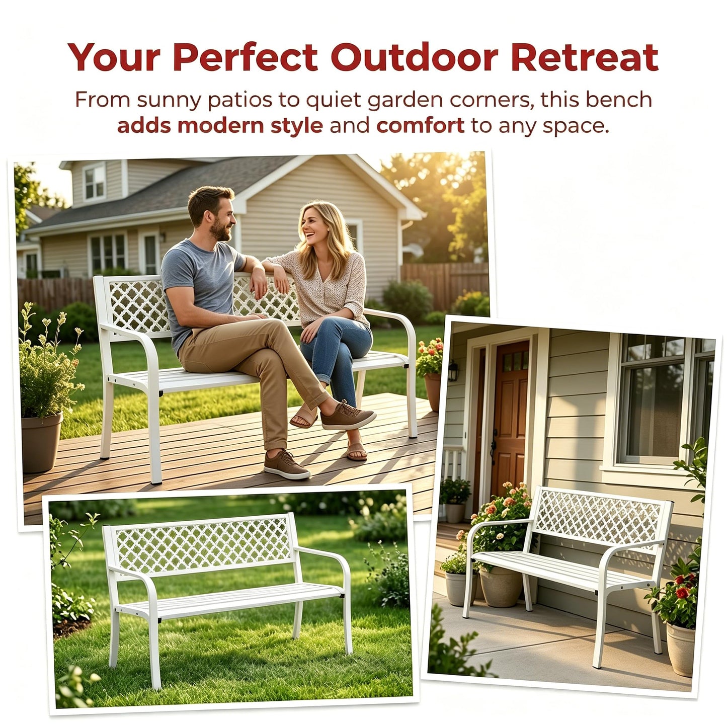 Garvee Outdoor Metal Garden Bench for 2 Person, Heavy Duty Steel Patio Bench 790 Lbs Capacity, Weather Resistant Black Porch Seating with Geometric Backrest, Outdoor Furniture for Yard, Deck, Entryway