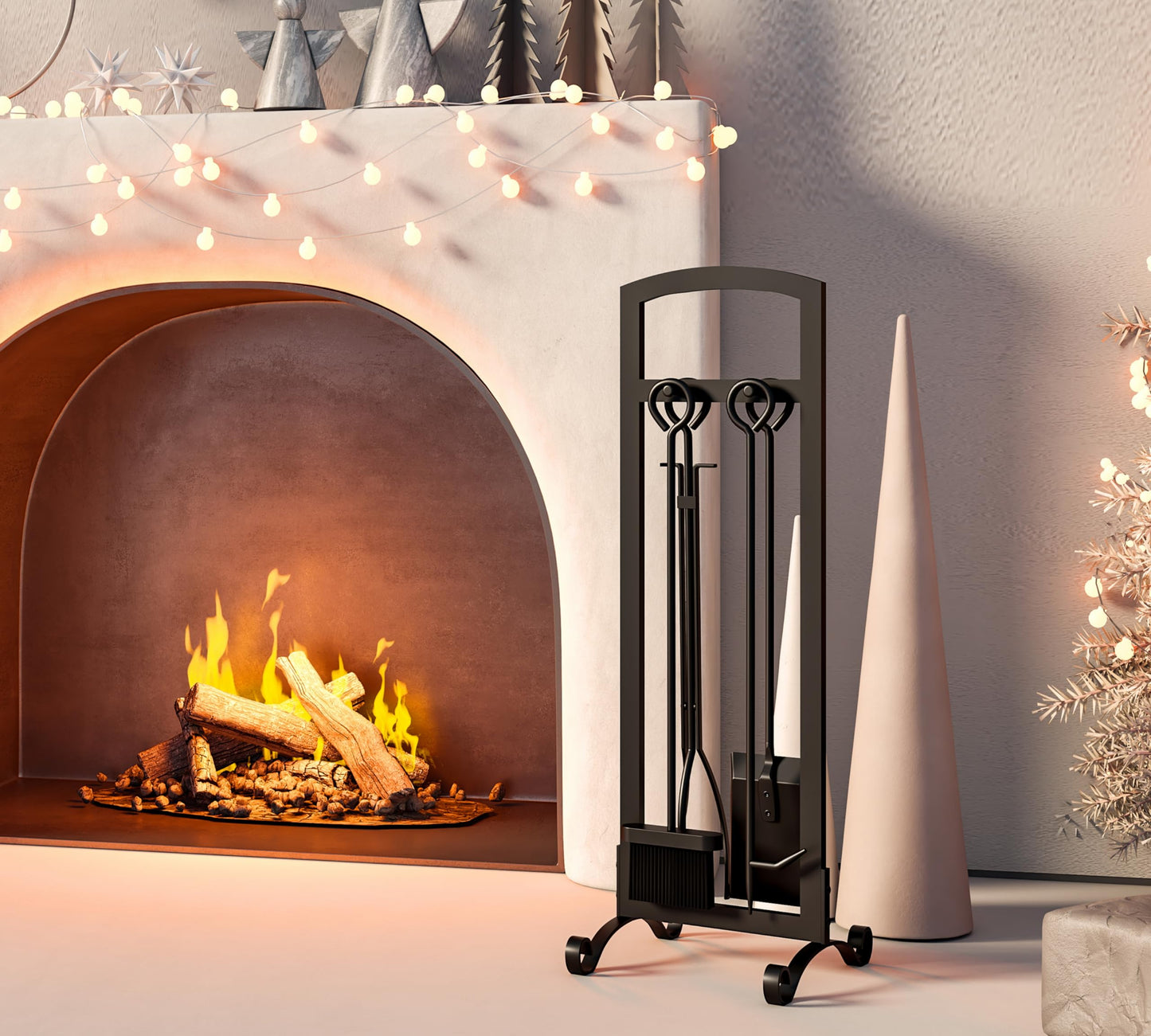 CALIDOLA 5 Pieces Fireplace Tool Set Stylish Simple Hearth Accessories with Poker, Tongs, Shovel, Brush,Black