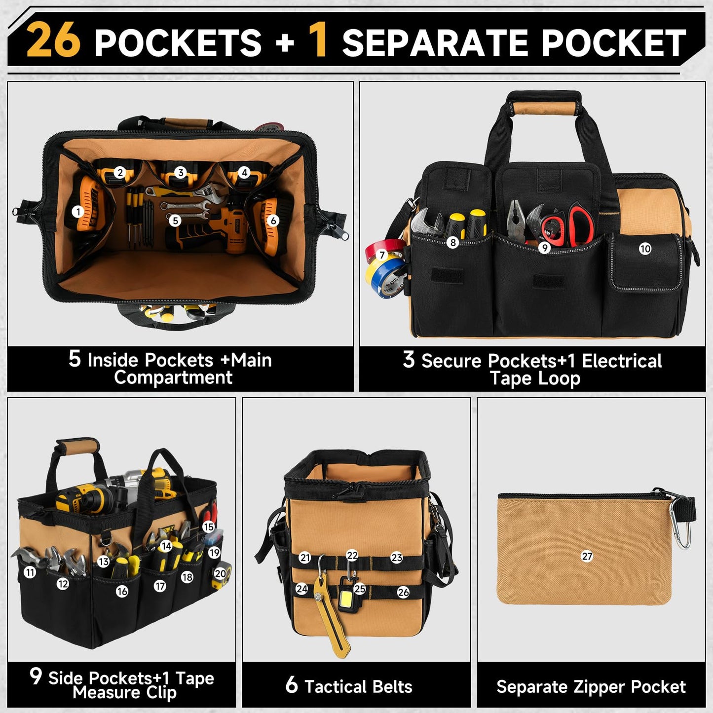 27 Pockets Tool Bags for Men,16-Inch Heavy Duty Tool Bag,Large Toolbag Tool Box Organizer,Portable Toolbox Tools Tote Carrying Case for Mechanic,Electrician,Father Day Gifts for Him Dad Men,Brown