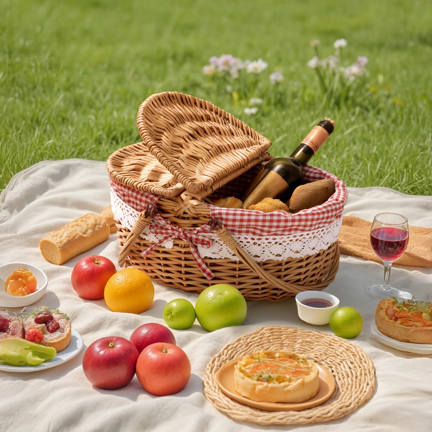 GRANNY SAYS Picnic Basket, Wicker Basket with Lid, Woven Cute Basket with Handle, Storage Basket with Washable Lining & Dual-Flid Lid, Natural Willow Picnic Hamper, Red Lining