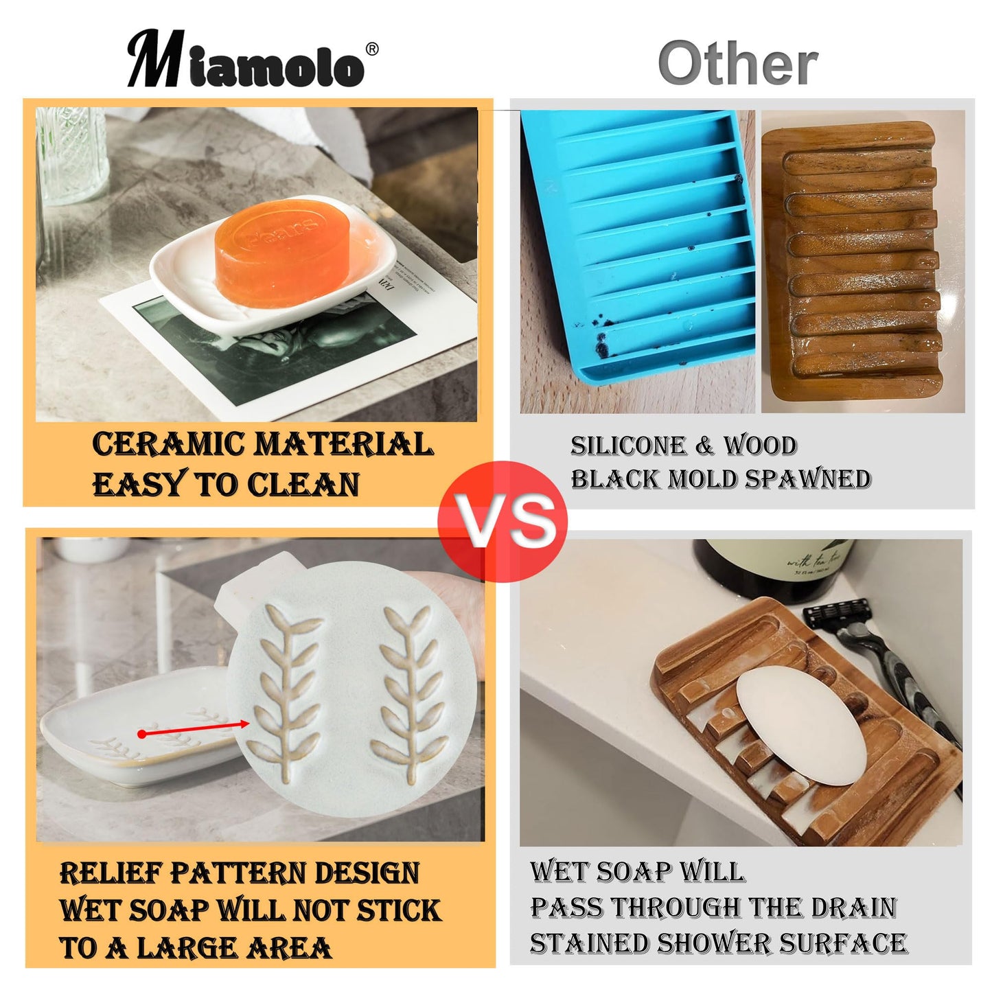 Miamolo Soap Dish Soap Holder Shower, Ceramic Soap Dishes for Bar Soap Sponge, Shower Soap Dish Soap Saver Tray for Bathroom Kitchen Sink, Easy to Clean, White