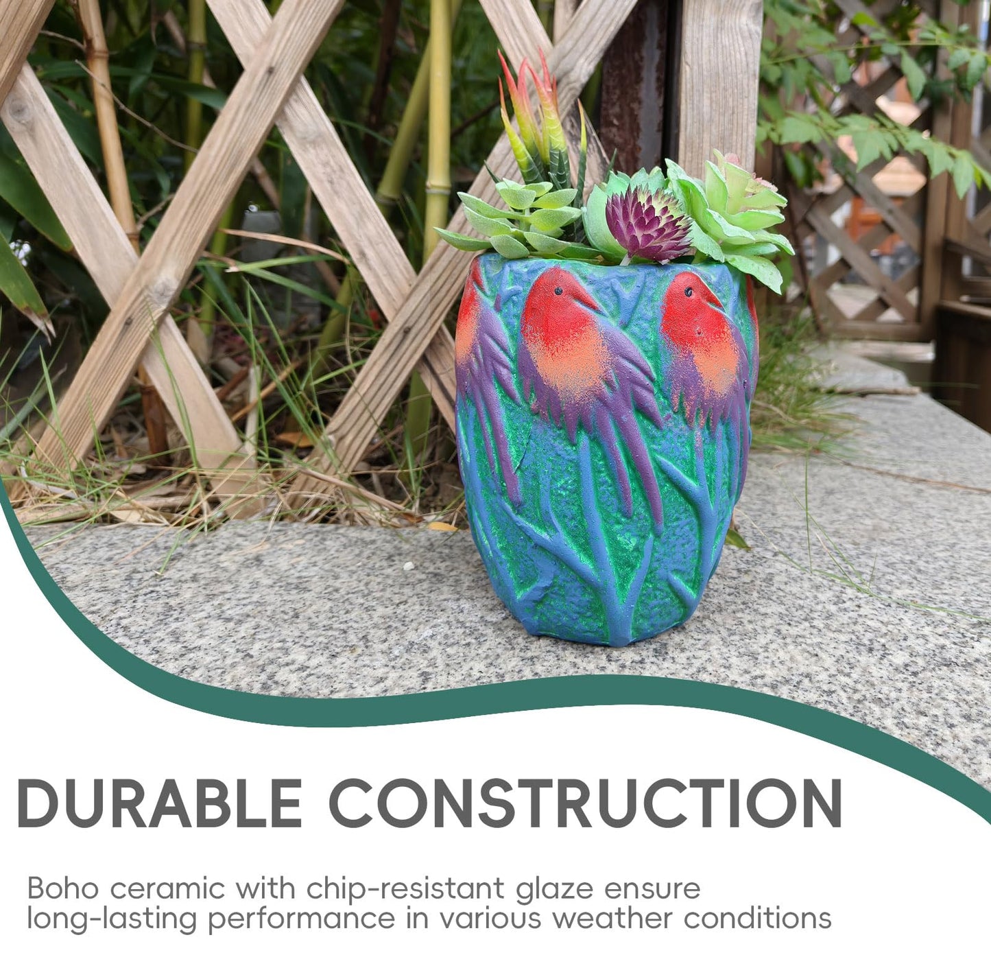 Yuccasly 6.2" H Ceramic Flowerpot with Bird Pattern, Green Glazed Oval Planter, Boho Indoor Outdoor Succulent Container with Drainage Hole