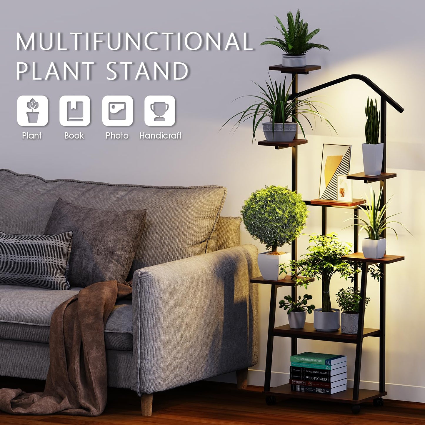 Zelvia 8-Tier Corner Plant Stand with Grow Lights – 65" Tall Metal Indoor Plant Shelf, Multi-Level Display for Plants & Flowers, Ideal for Bedroom Living Room Patio (with Roller)