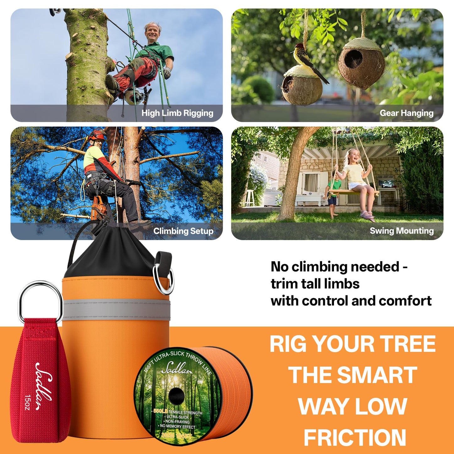 Arborist Throw Line Kit - Ultra Slick 166ft Polyester Rope with 11Oz Weight Throw Bag Low High Limb Throwing Adults Forestry Tree Trimming Cutting Gear