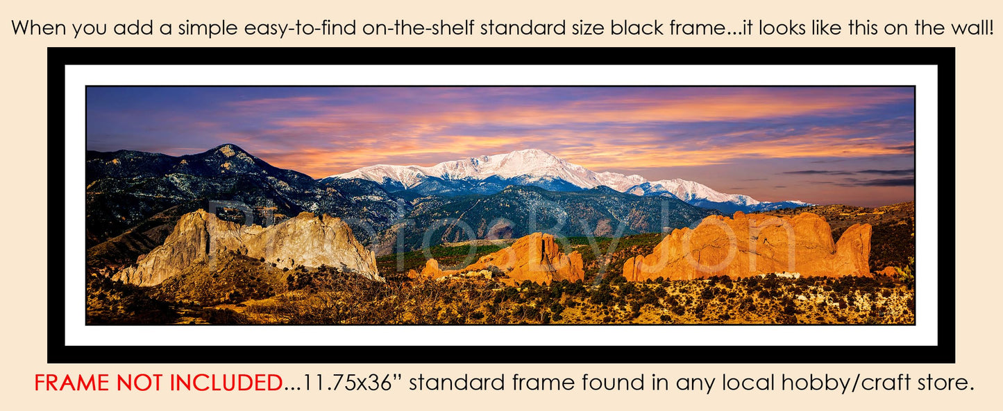 PHOTOSBYJON Pike's Peak and Garden of The Gods 11.75 inches x 36 inches Colorado Mountain Landscape Photographic Print Panorama Poster Photo Picture Standard Size