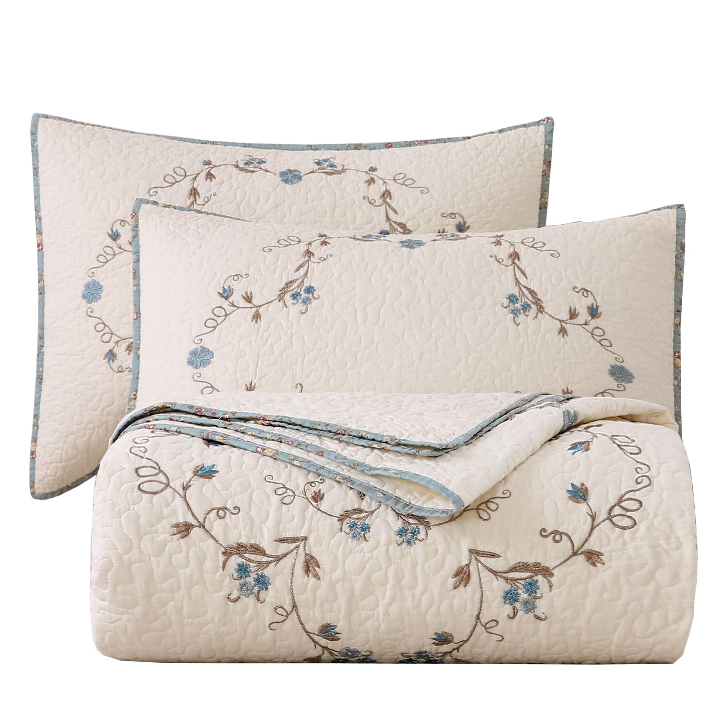 vctops 3-Piece Elegant Floral Embroidered Bedspread Coverlet Set Oversize Queen 100% Cotton Reversible Patchwork 1 Quilt and 2 Pillow Shams (Flower B,Oversize Queen)