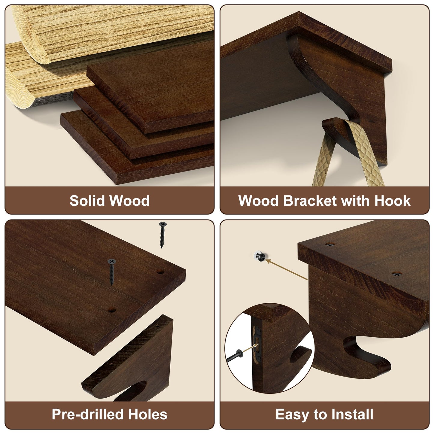 Alsonerbay Wood Floating Shelves for Wall 3 Pack, 17 inch Rustic Wall Shelves with Hook, Decorative Hanging Shelves for Bedroom Living Room Nursery Office and More Light Walnut