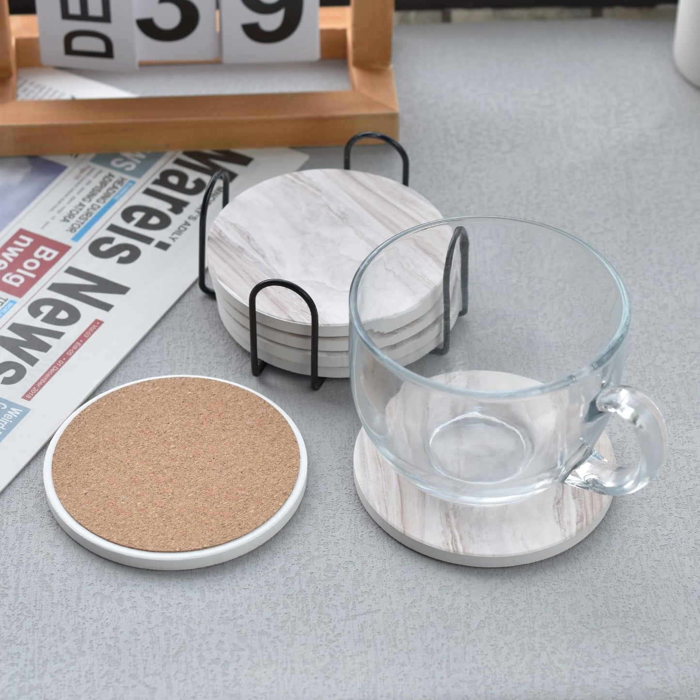 6Pcs Drink Coasters with Holder, Marble Style Ceramic Drink Coaster, Absorbent Coasters Set Suitable for Kinds of Cups, Modern Style Coaster for Coffee Table, 4 Inches