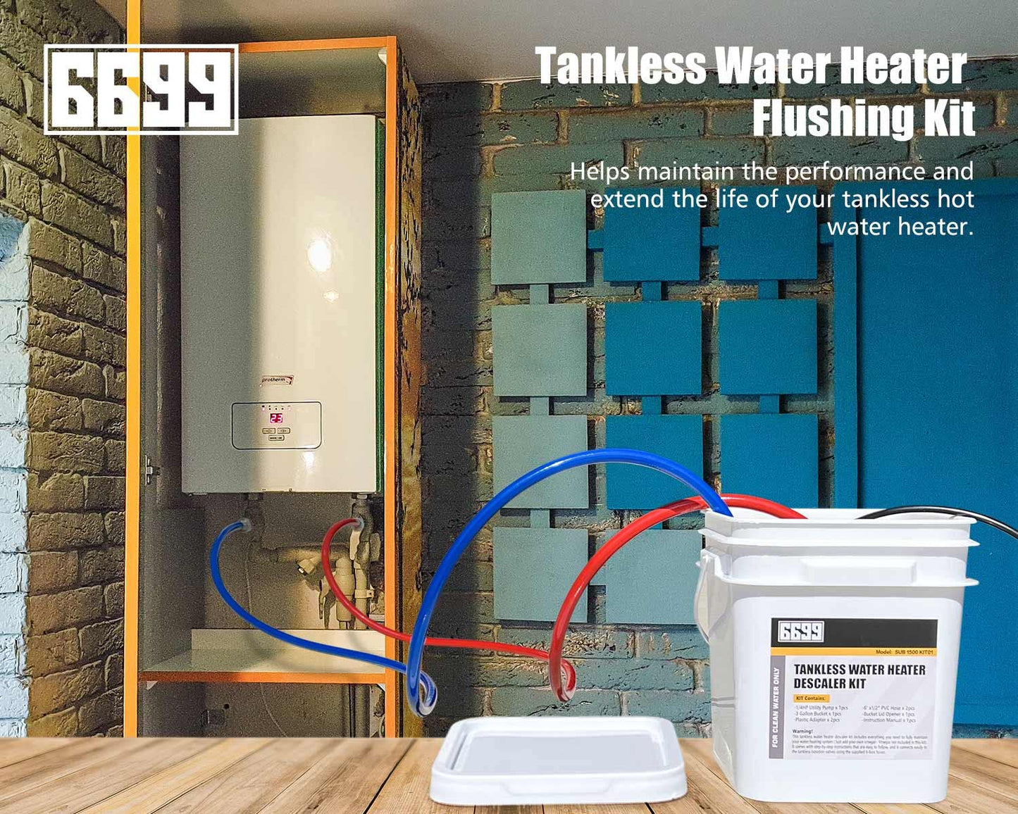 6699 Tankless Water Heater Flushing Kit Includes 1/6HP Submersible Sump Pump with Two Adapters & 3 Gallons Pail with Bucket Lid Opener & Two 1/2” Dia X 6’ PVC Hoses with Washers