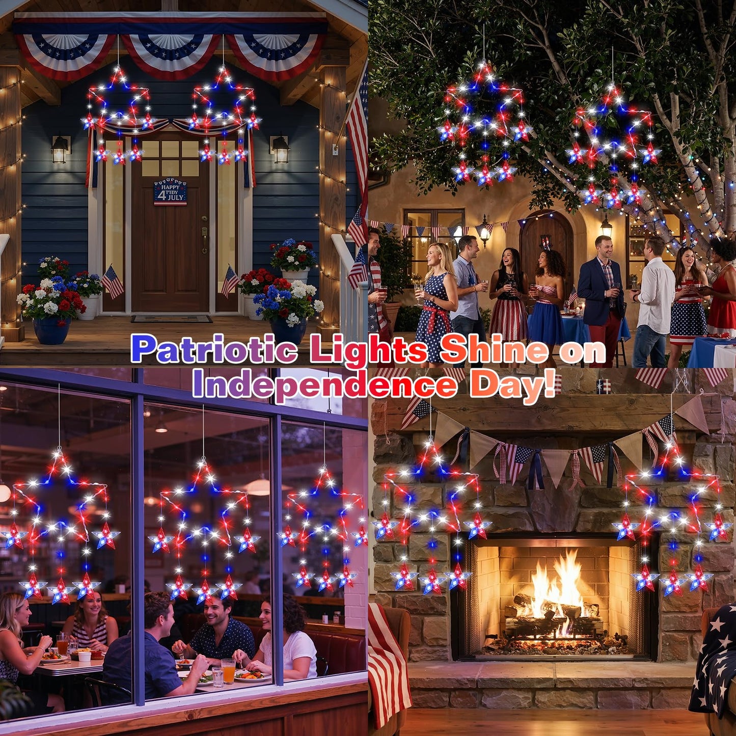 Lewondr 4th of July Decorations, 2 Pack Red White and Blue Window Star Lights with 62 LEDs, Patriotic Star Lights with Remote, 8 Modes & Timer, USB Powered Hanging Light for Independence Memorial Day