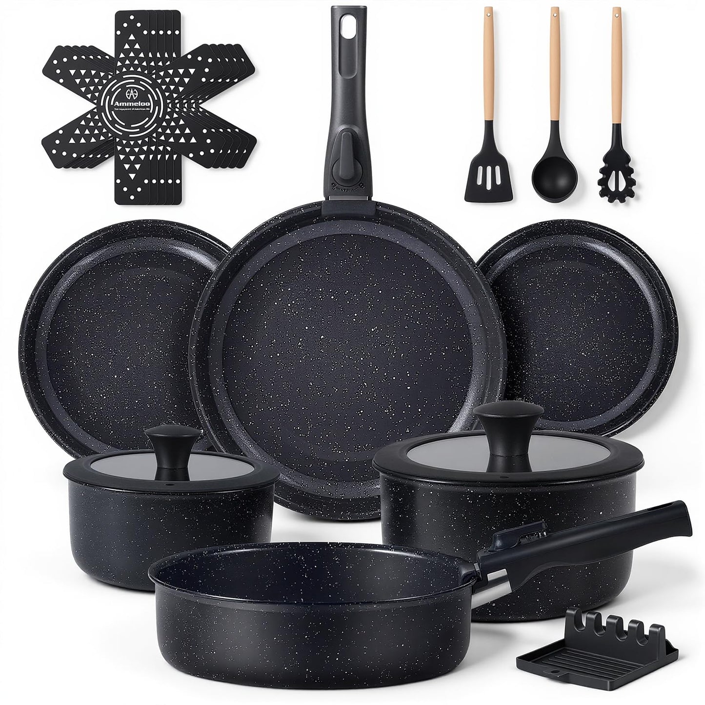 Ammeloo 21 Pcs Pots and Pans Set Non Stick, Ceramic Kitchen Cookware Set with Detachable Handle, Non Toxic Cooking Set for Kitchen, RV, Camping and Fridge, Induction Ready, Dishwasher/Oven Safe, Black