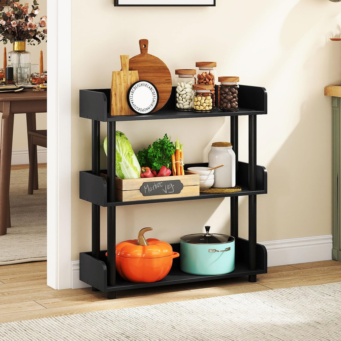 Tangkula 3-Tier Bookshelf, Multipurpose Wood Standing Display Rack with Back and Side Panels, Industrial Open Bookcase, Storage Organizer for Living Room Kitchen Office (Black, 1 Pack, 3-Tier)