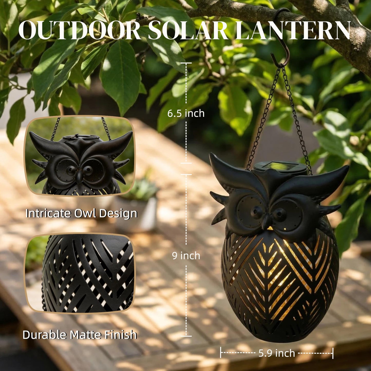 Hanging Owl Solar Lantern, Outdoor Waterproof Metal Solar Lights with Palm Leaf Shadow, Decorative Garden Lanterns for Yard Art Patio Decor, Whimsical Gifts for Women, Black