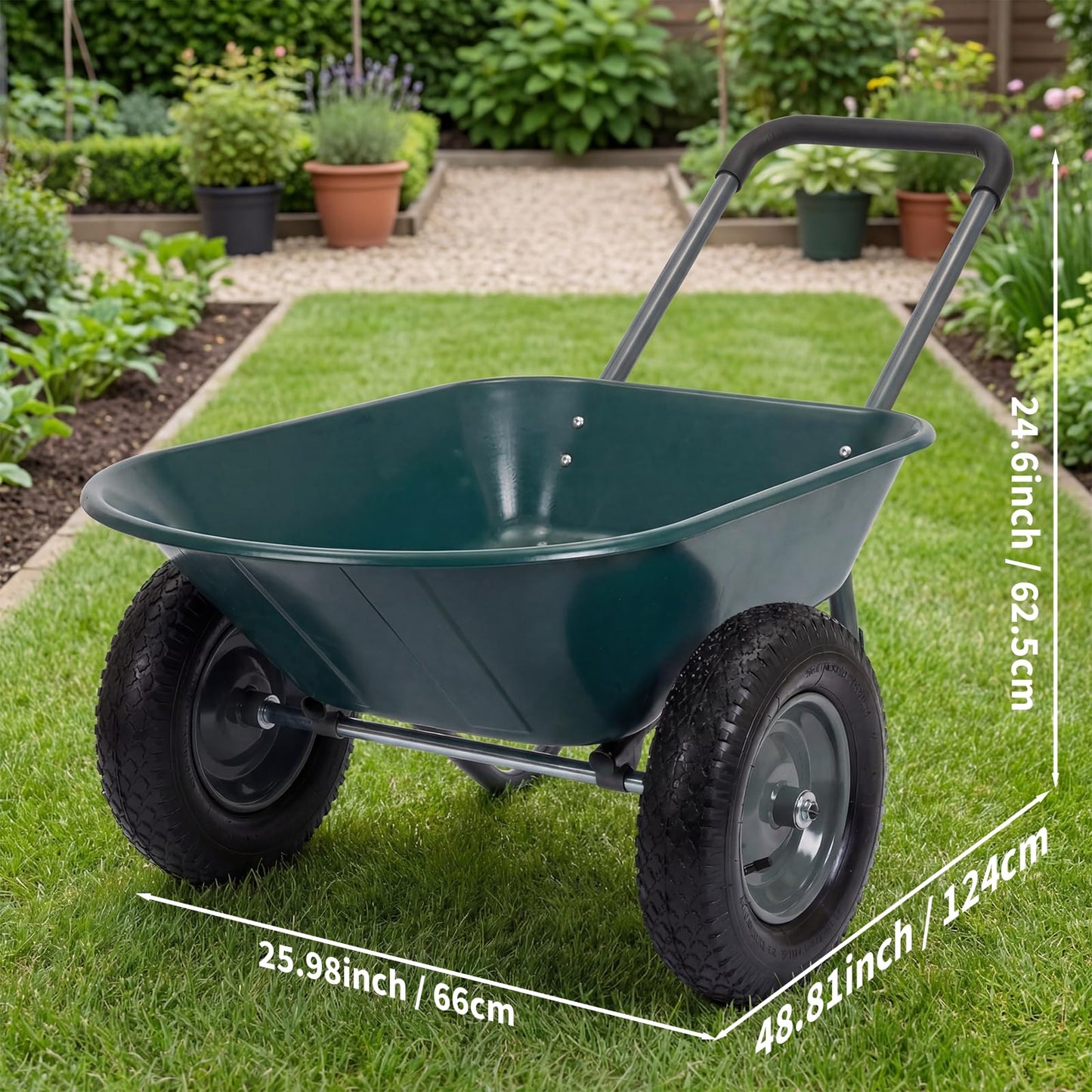 Garden Wheelbarrow Cart, Heavy Duty Utility Cart with Dual Wheels and Built-in Stand, Iron and Plastic Yard Cart for Home, Lawn and Garden
