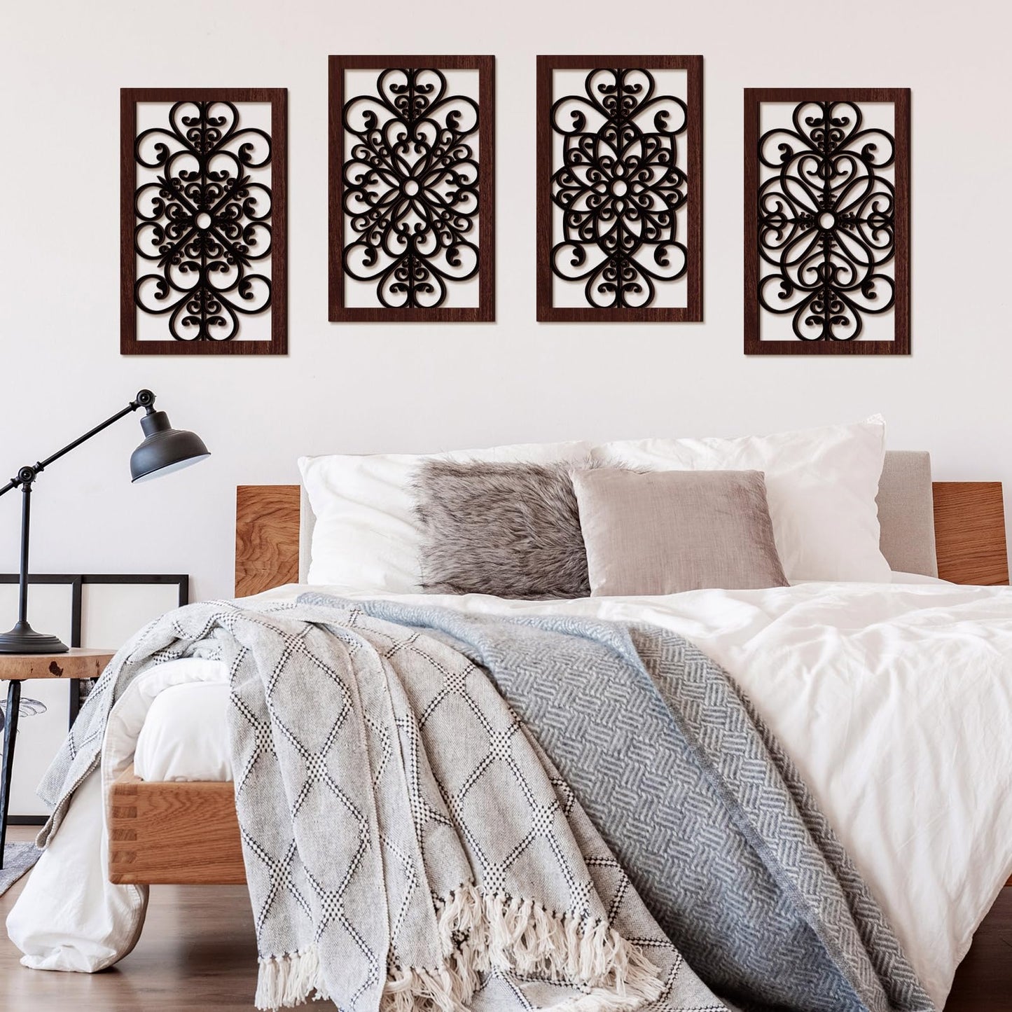 Yulejo 4 Pieces Thicken Rustic Wall Decor Modern Farmhouse Wall Art Decor Wooden Hollow Carved Design Rustic Art for Living Room Hallway Office Kitchen Decoration