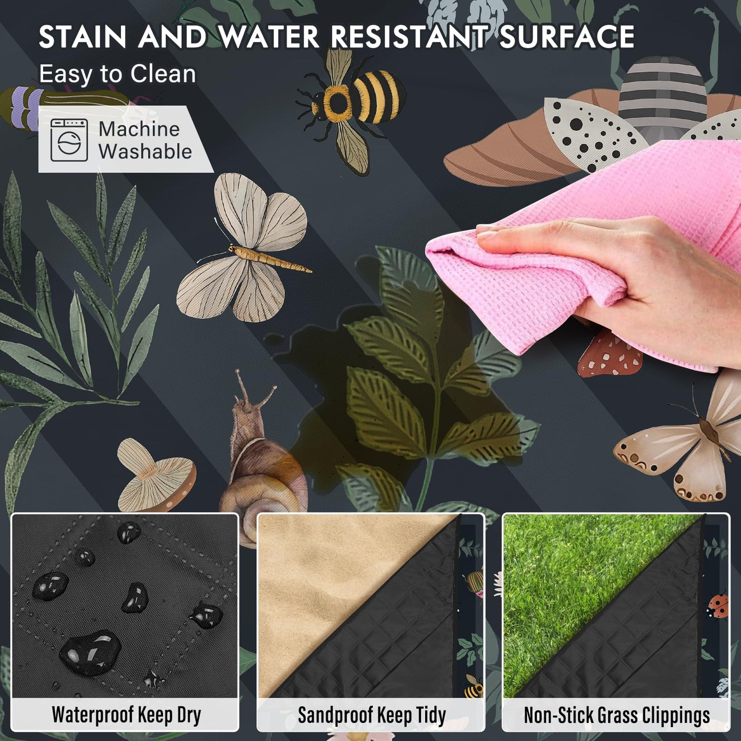 Mushroom Picnic Blankets Waterproof Foldable, 60″X80″ Packable Picnic Mat Insect Outdoor Blanket for Grass, Boho Large Beach Blanket Sandproof Picnic Accessories for Camping Music Festival Park Lawn