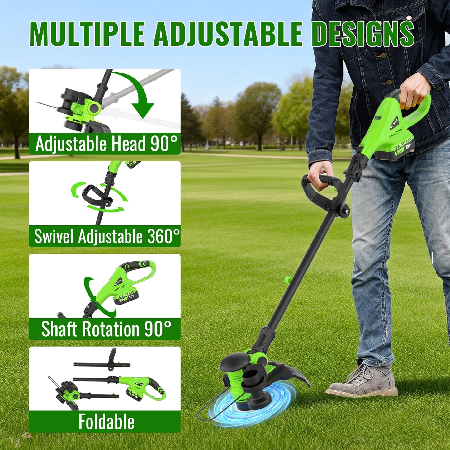 12" Cordless Weed Wacker String Trimmer with 2x5.0ah Battery and Charger, Electric Grass Trimmer 20V Battery Powered Weed Eater String, Edger Lawn Tool Grass Cutter with 8pcs Line Lawn Mover