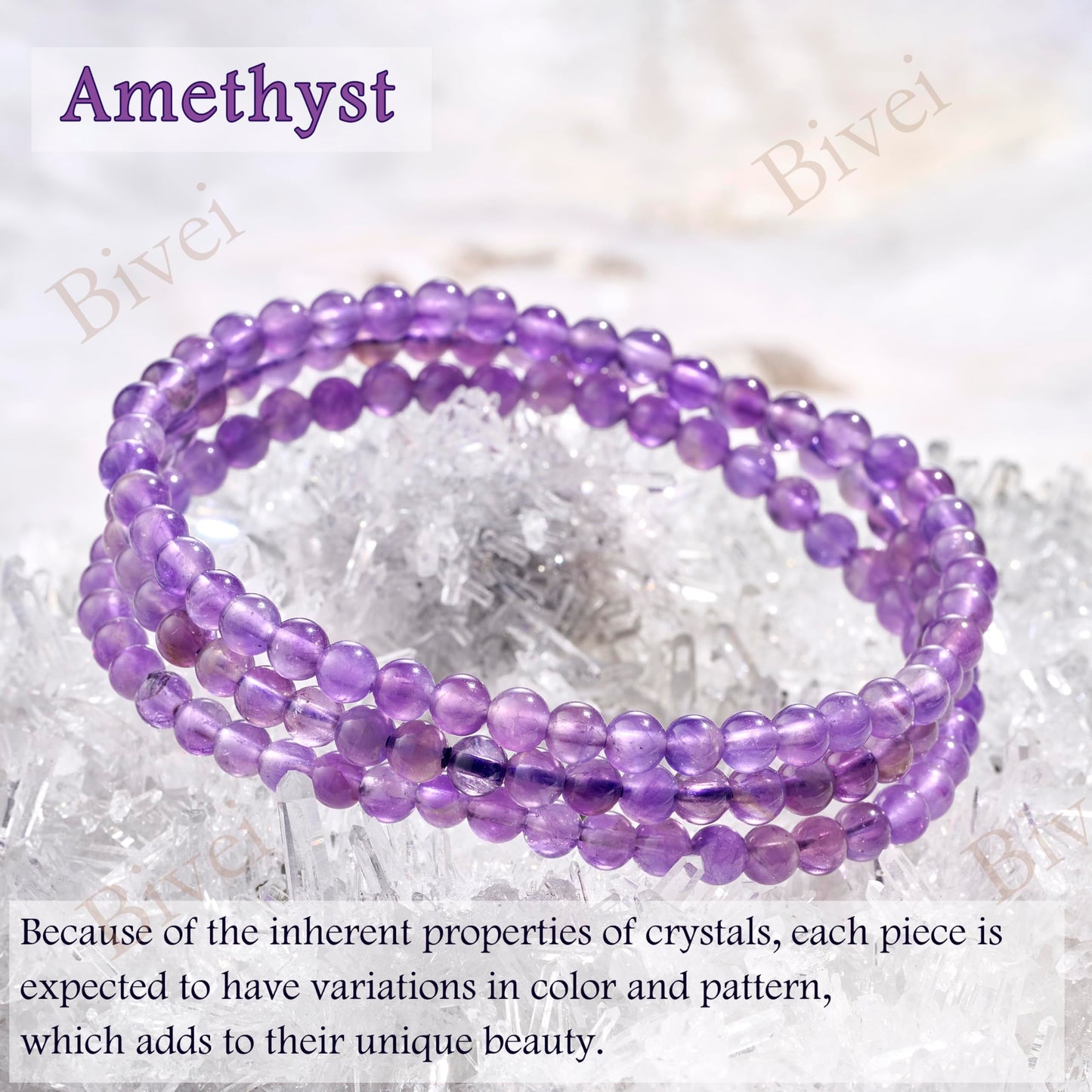 Bivei Amethyst - Calms - 4mm Beaded Bracelets for Women Handmade Semi Precious Natural Stone Stretch Elastic Jewelry Yoga Protection Gifts Small