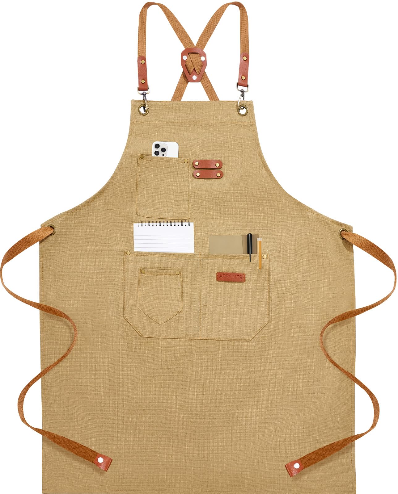 KACHUAN BEAR Chef Aprons for Men Women with 4 Large Pockets, Cotton Canvas Cross Back Adjustable Apron for Work grilling kitchen gardening (brown)