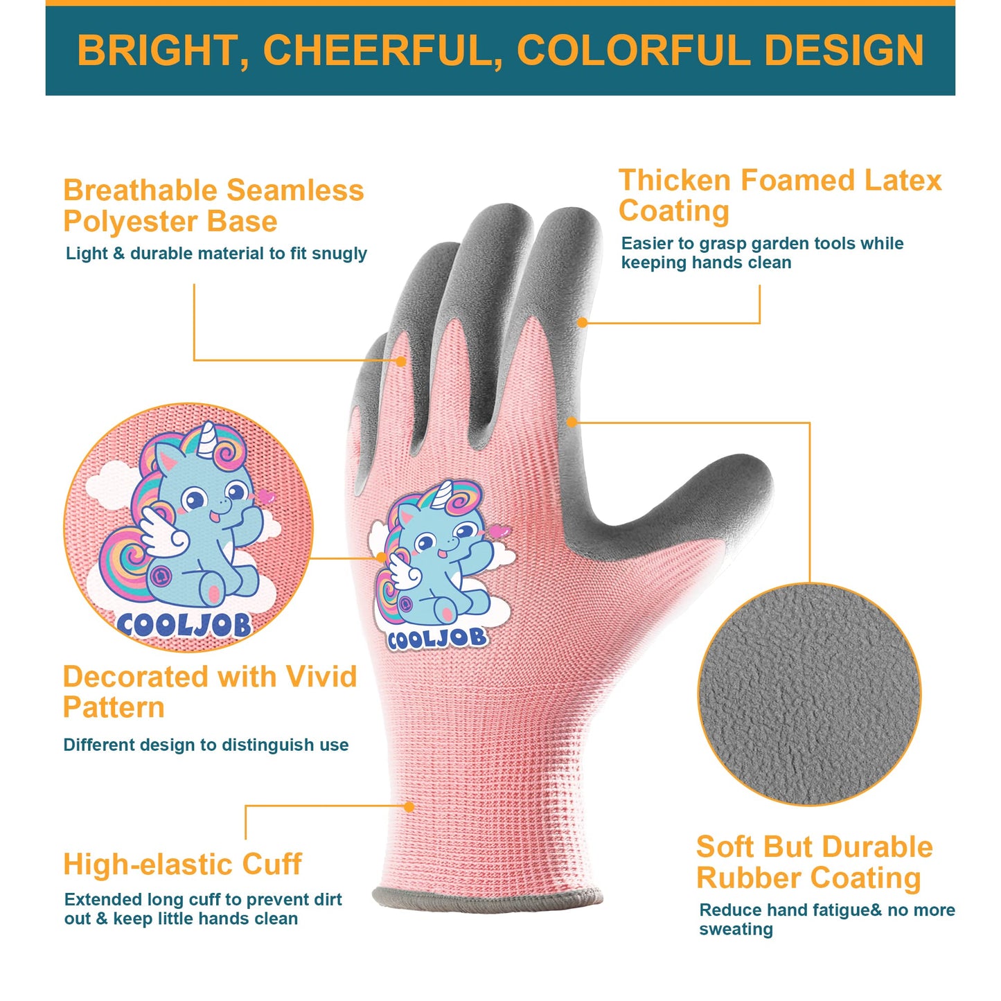 COOLJOB 3 Pairs Kids Gardening Gloves for Age 6-8, Children Toddler Girls Grippy Rubber Coated Work Gloves, Purple & Pink & Yellow (Little Beauty, Medium M)