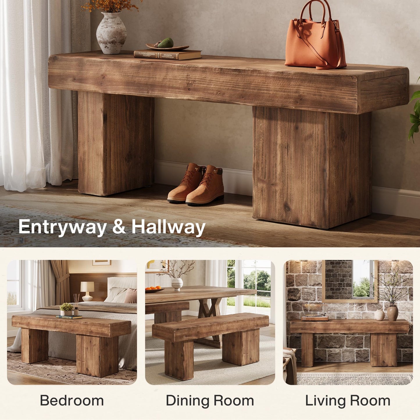TRIBEWOOD Thickened Solid Wood Bench, 47" Rustic Farmhouse Entryway Bench with Artistic Legs, Heavy Duty Dining Bench for Kitchen, Living Room, Hallway, End of Bed, Natural Wood