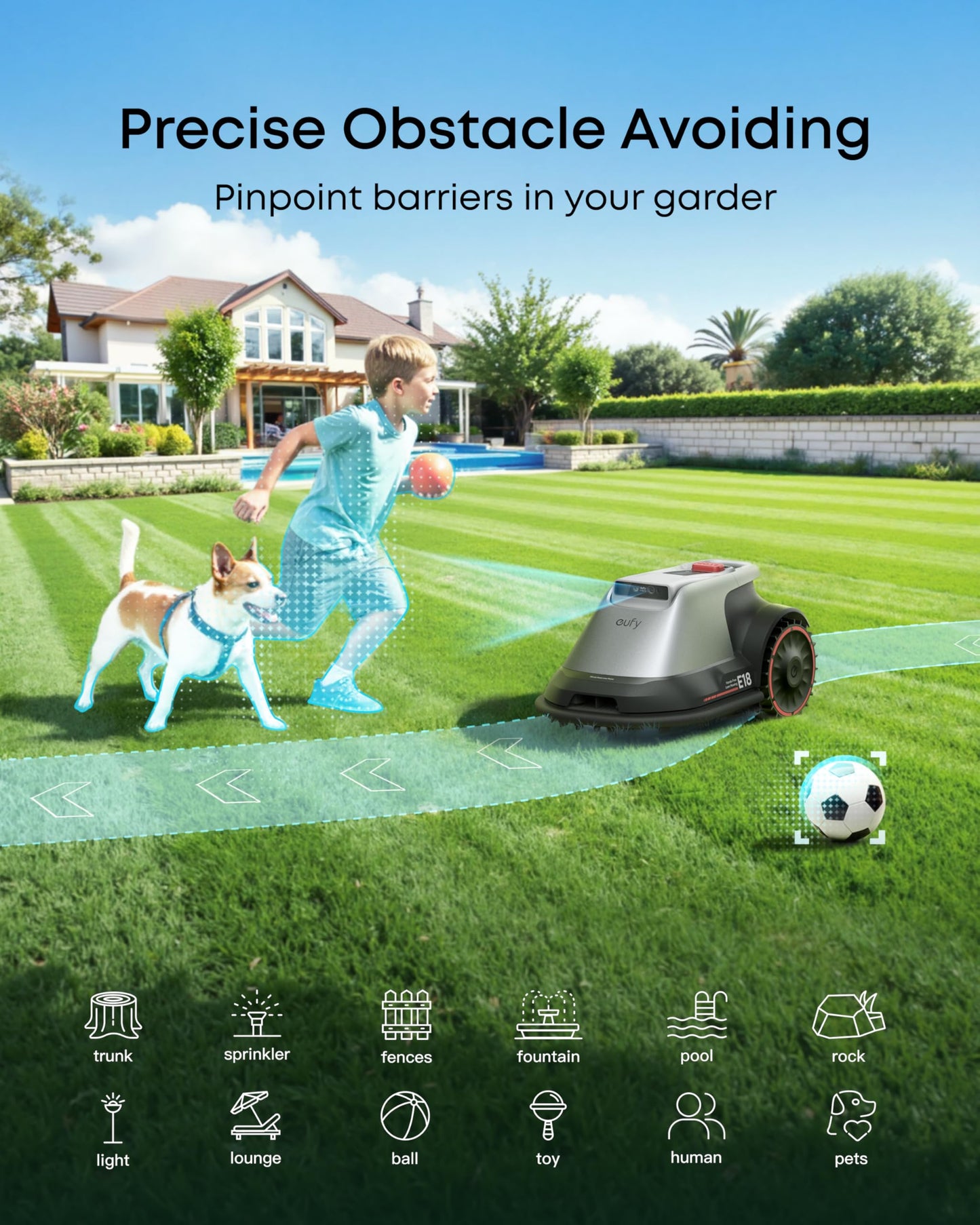 eufy E18 Robot Lawn Mower, Max 0.3 Acres, Vision Navigation, Hands-Free Auto Mapping, Wire Free RTK Free, Multi-Zone Management, AI Obstacle Avoidance, APP Control, 18° Slope, Cut Height 1"-3"