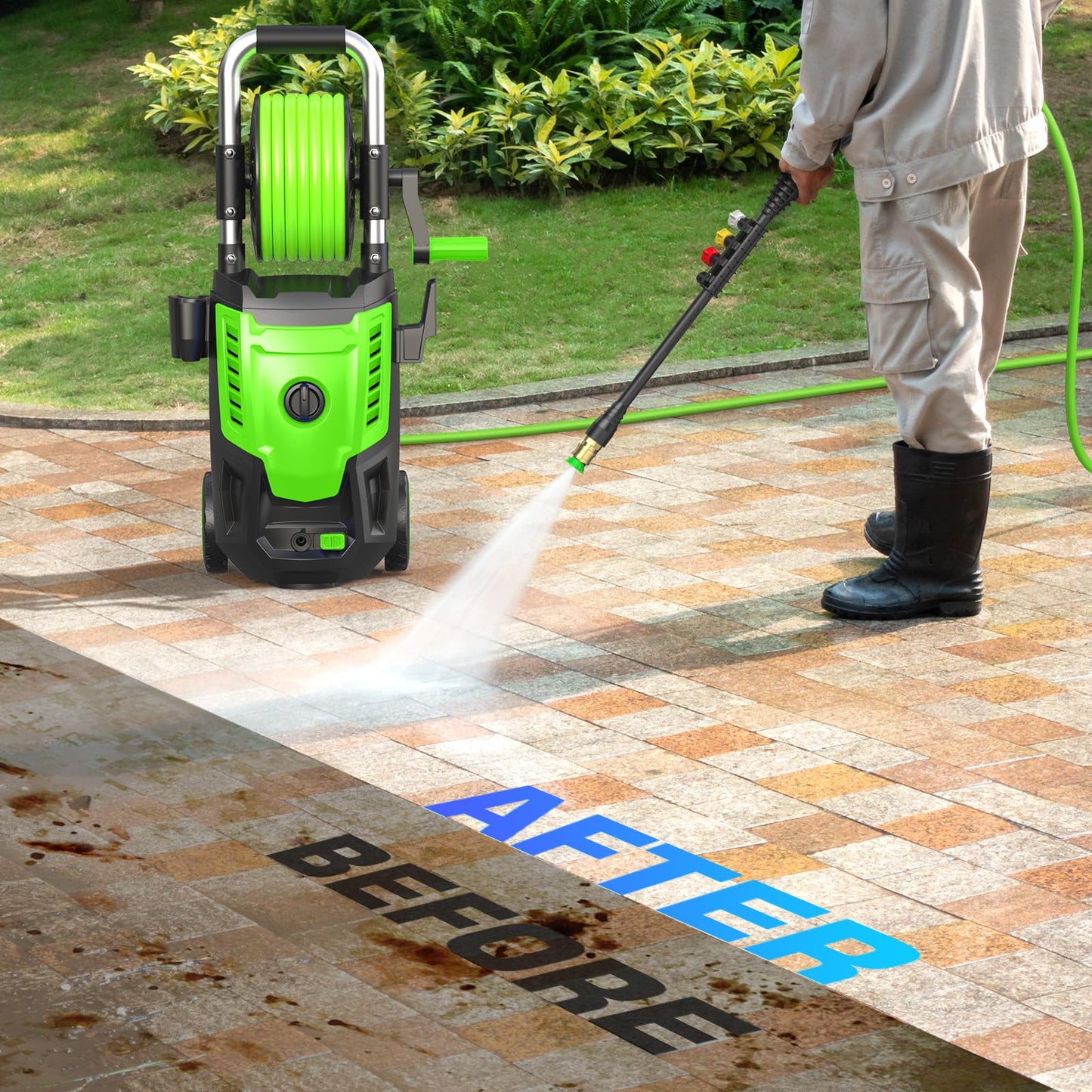 4800PSI Electric Pressure Washer- 3.8GPM High Power Washer with 33FT Hose Reel, 4 Spray Tips and Soap Bottle for Car Washing, Fence Cleaning, Patio Maintenance（Upgraded） (Green)