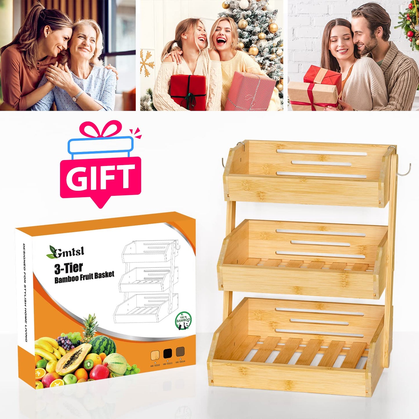 Gmtsl Bamboo Fruit Basket for Kitchen – 3 Tier Fruit Bowl For Kitchen Counter, Large Fruit Holder With 2 Banana Hangers, Idea For Fruit and Vegetable Storage, Bread Basket, Snack Organizer(Bamboo)