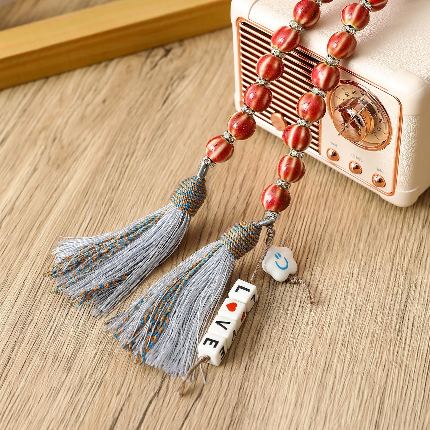 Handmade Bead Garland with Tassels - Farmhouse Rustic Prayer Bead String Wall Hanging Accent for Home Festival Decor.