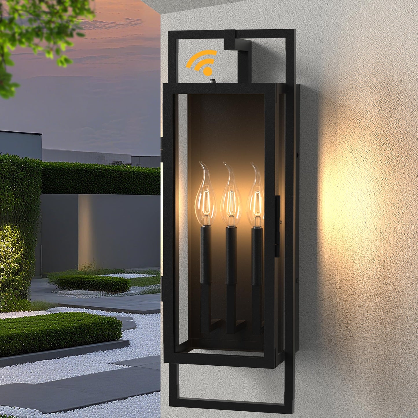 Lawyettle 26.38IN Porch Light Outdoor, Dusk to Dawn Wall Lantern with Tempered Glass, Waterproof Outside Light Front Porch Light 3-Light, Matte Black Front Open Window Wall Sconce for Patio