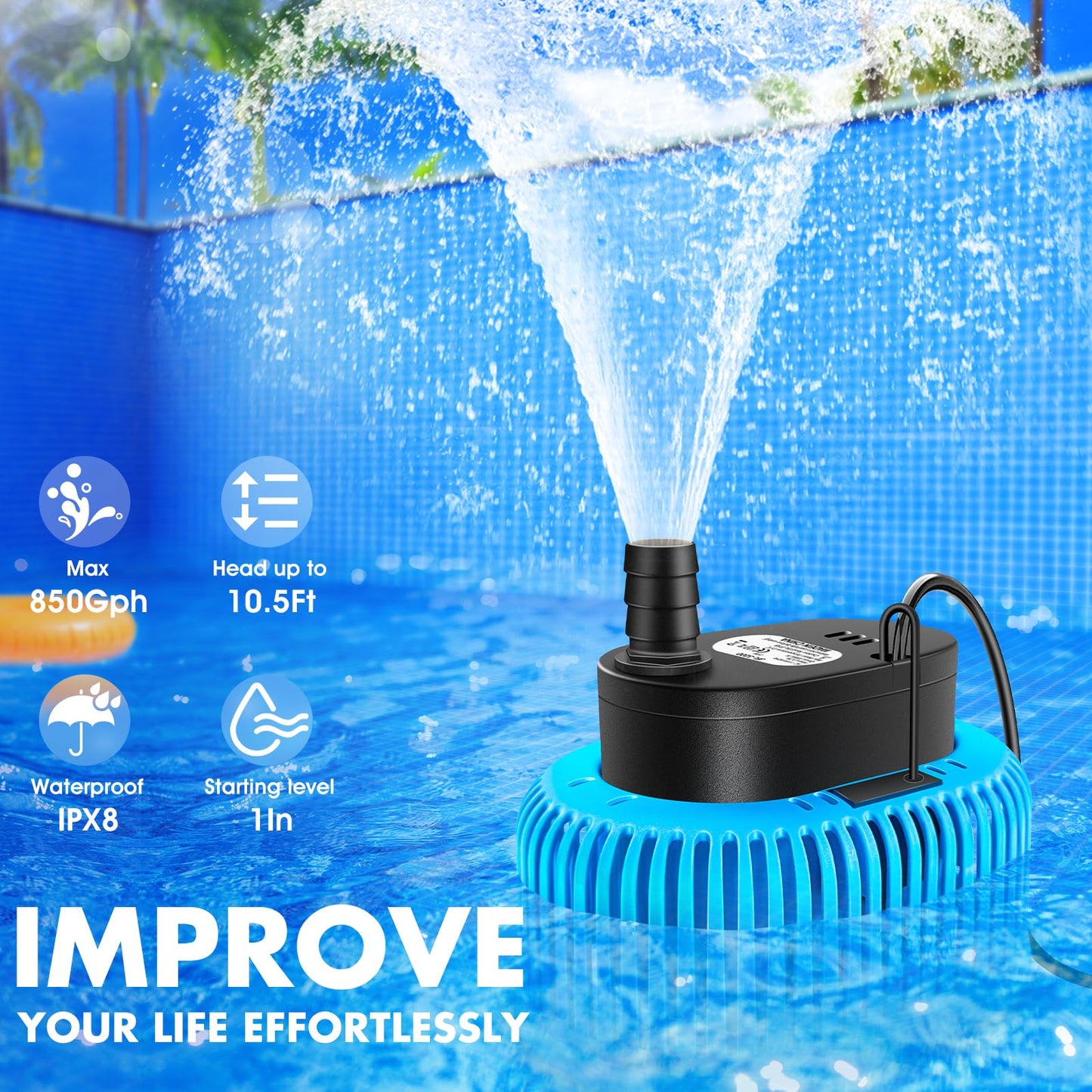 Pool Cover Pump Above Ground, Automatic Water Sensor, Sump Pump for Pool Draining, Pool Cover Water Removal 4 Adapters, 16ft Hose & 25ft Power Cord, 850 GPH (Blue)