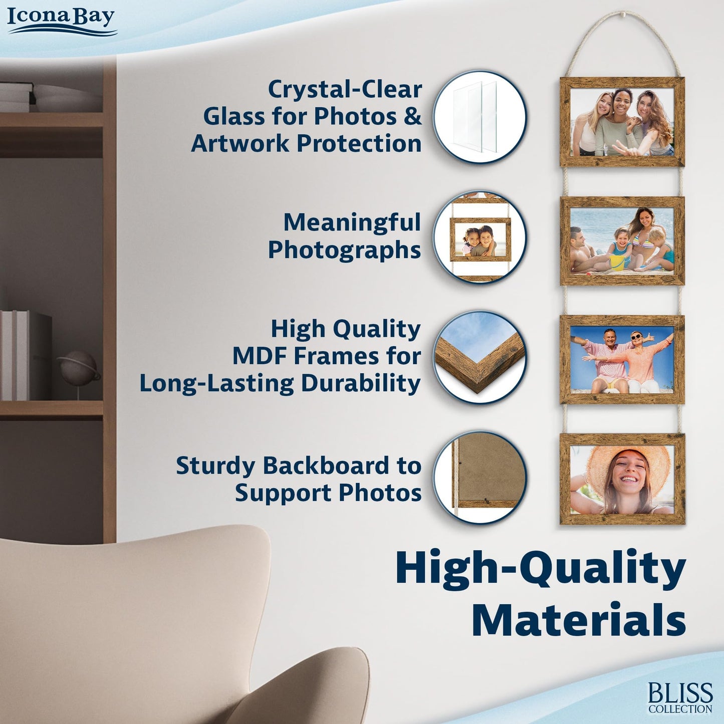 Icona Bay - 4x6 Wall Hanging Picture Frames Collage with 4 Openings - Rustic Brown - Casual Style Engineered Wood Frames - Wall Mount Only - Bliss Collection