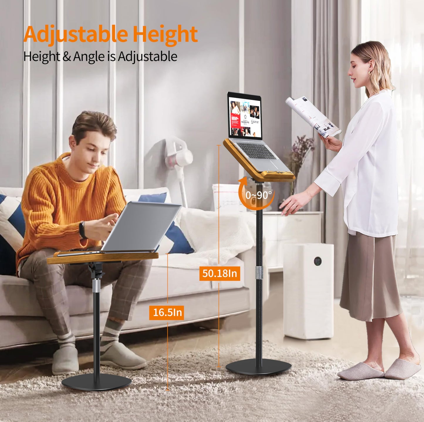 NAMON 2-in-1 Dual-use Floor & Desktop Book Stand, 100% Solid Wood, Height Adjustable from 16.5" to 51", Floor Reading Stand with Page Clip for Cookbooks, Sheet Music (Small - No Wheel - No T Tube)