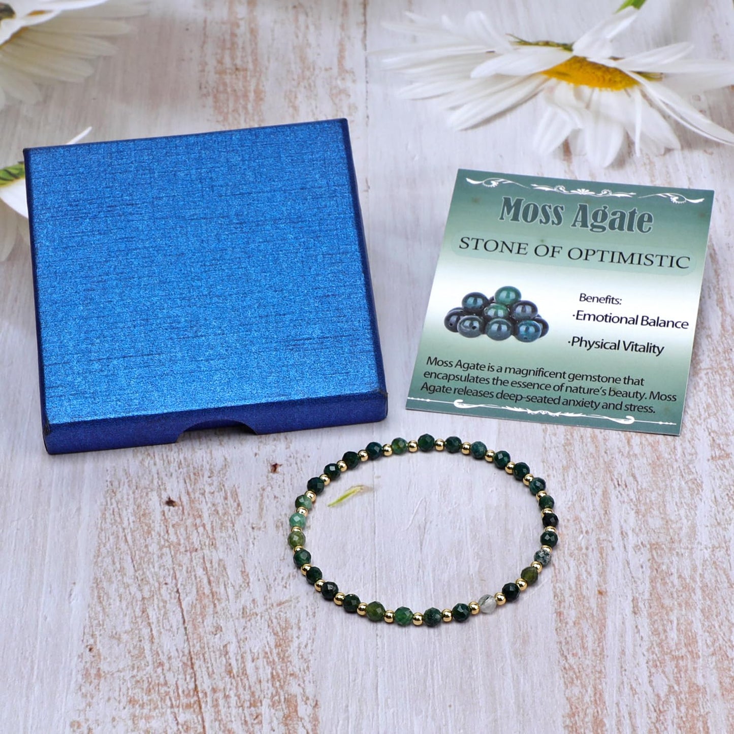 QOGIR Moss Agate - Stone of Optimistic - 14K Gold Plated Beads Natural Gemstone Stretch Elastic Dainty Healing Beaded Bracelets Gifts 4mm