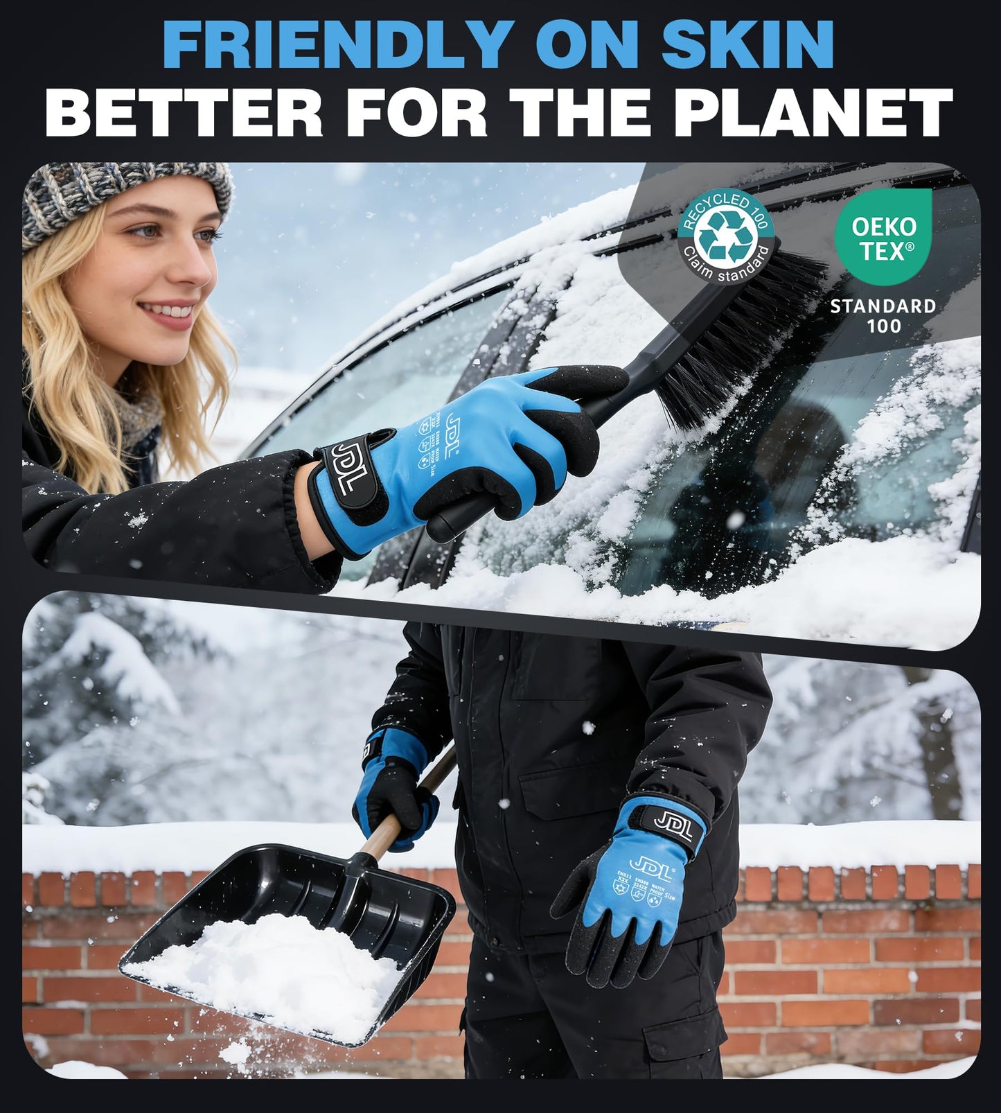 JDL 100% Waterproof Winter Work Gloves for Men & Women, Thermal Insulated Freezer Gloves for Cold Weather, Super Grip Palm, Blue, Large, X-Large