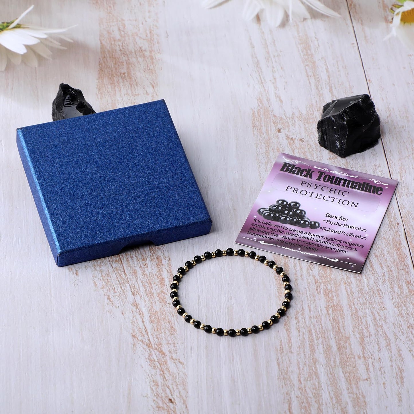 QOGIR Black Tourmaline - Psychic Protection - 14K Gold Plated Beads Natural Gemstone Stretch Elastic Dainty Healing Beaded Bracelets Gifts 4mm