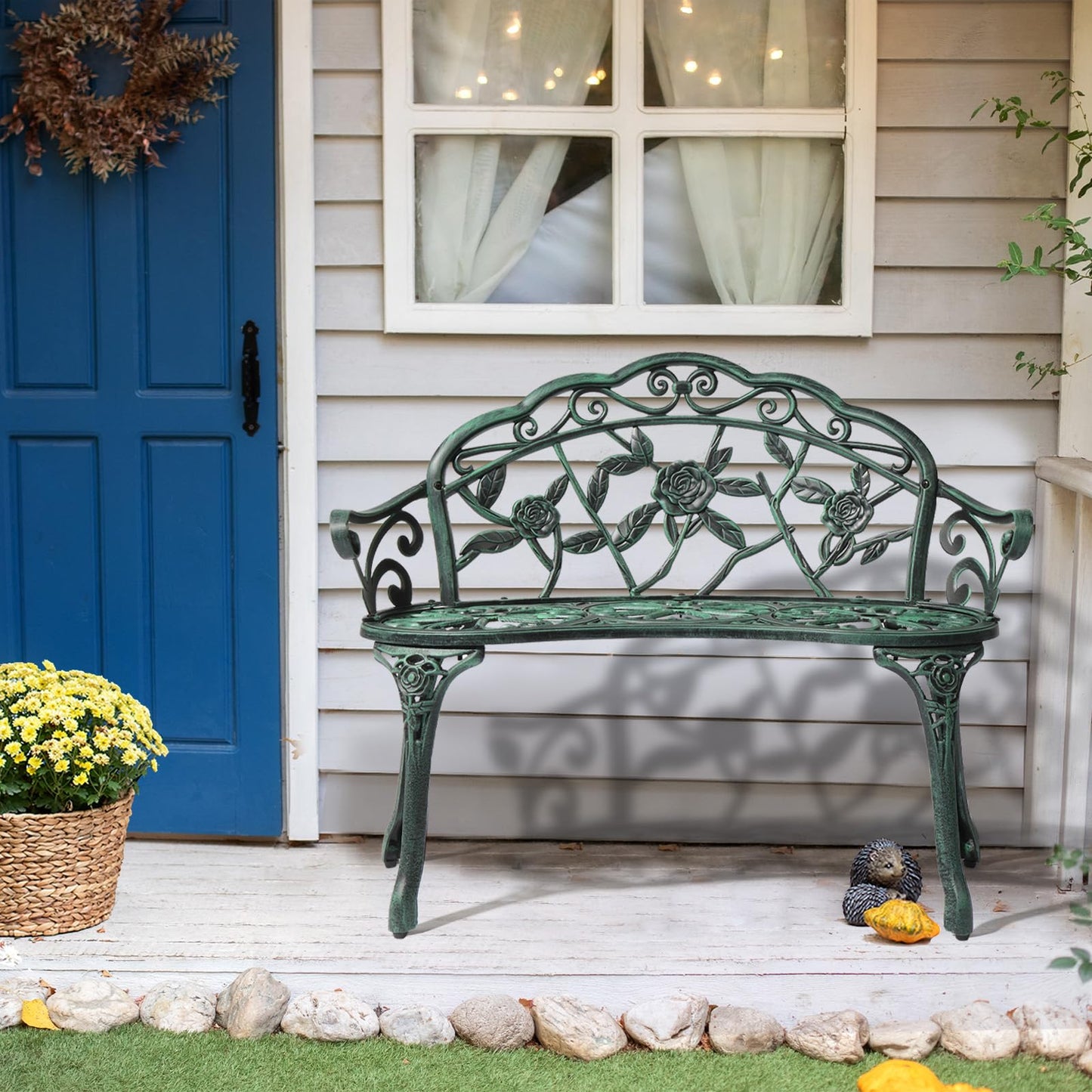 Outvita Outdoor Bench, 38"" Cast Aluminum Garden Bench Anti-Rust Weather Resistant Patio Bench Rose Pattern Bench for Front Porch, Backyard, Lawn, 1, Green