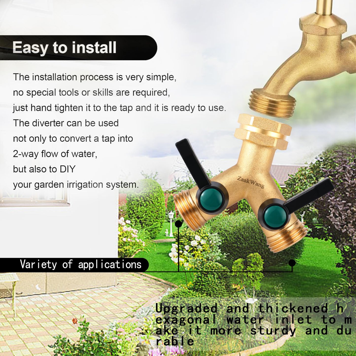 Heavy Duty Solid Brass Y-Way Distributor, 3/4" GHT Thickened Hexagonal Water Inlet, Garden Faucet Splitter, Hose Splitter with 2 More Colors Comfortable Extension Handles.