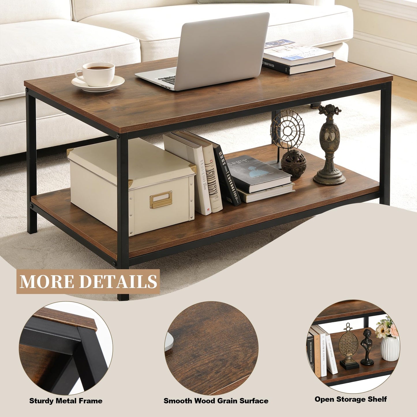 SUPER DEAL 2-Tier Industrial Coffee Table with Storage Shelf for Small Apartment Living Room, Rectangle Wood and Stable Metal TV Stand Side End Table, Rustic Brown