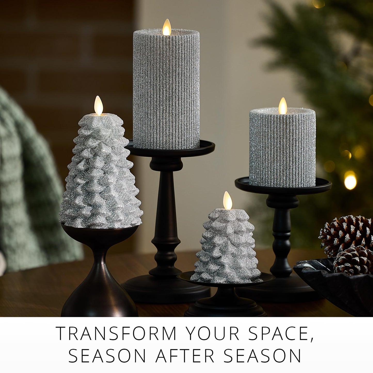 Luminara Brilliant Silver Glitter Flameless LED Candle North Tree Moving Flame Pillar (3.3" x 4.3")