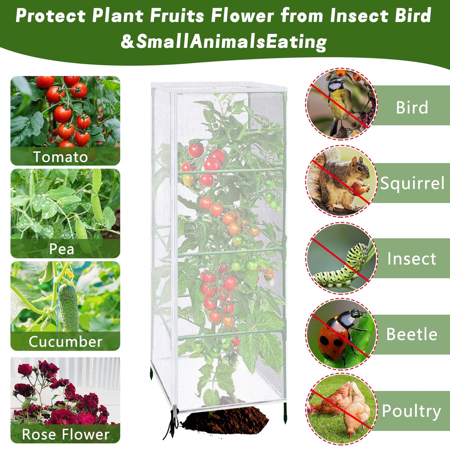 3 Pcs Garden Bird Netting Plant Cover for Square Tomato Cage, 59" x 17.7" Insect Bird Barrier Tomato Cage Net with Zipper & Drawstring, Tomato Trellis Netting Protection Cover for Protecting Plants