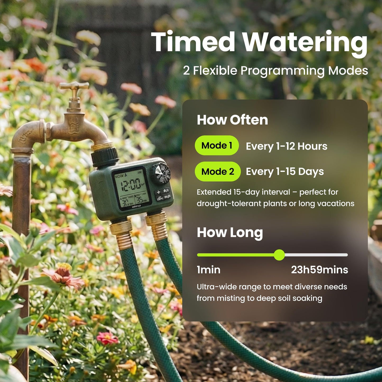 Soildrops Sprinkler Timer for Garden Hose, Programmable 1 or 2 Outlet Controller with Self-Cleaning Valve, 15-Day Frequency, Large Dial, Rain Delay & Auto-Off, IPX5