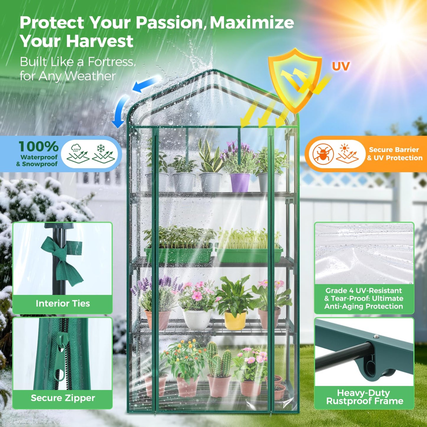 Mini Greenhouse for Outdoors Indoor: 27 x 19 x 62-Inch Ohuhu Small Green House with 4 Tier Shelves, Portable Plastic Greenhouses with Heavy Duty Transparent PVC Cover for Seedling Patio Porch Balcony